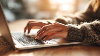Person typing on a laptop to contact a therapist or schedule a counselling appointment